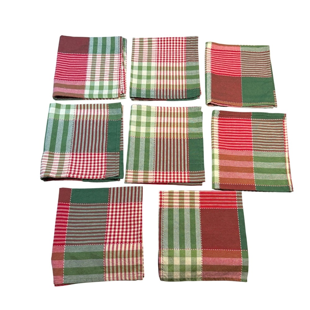 Set of 8 Plaid Cloth Napkins Christmas Holiday Green Red Festive Country Chic - Picture 2 of 10